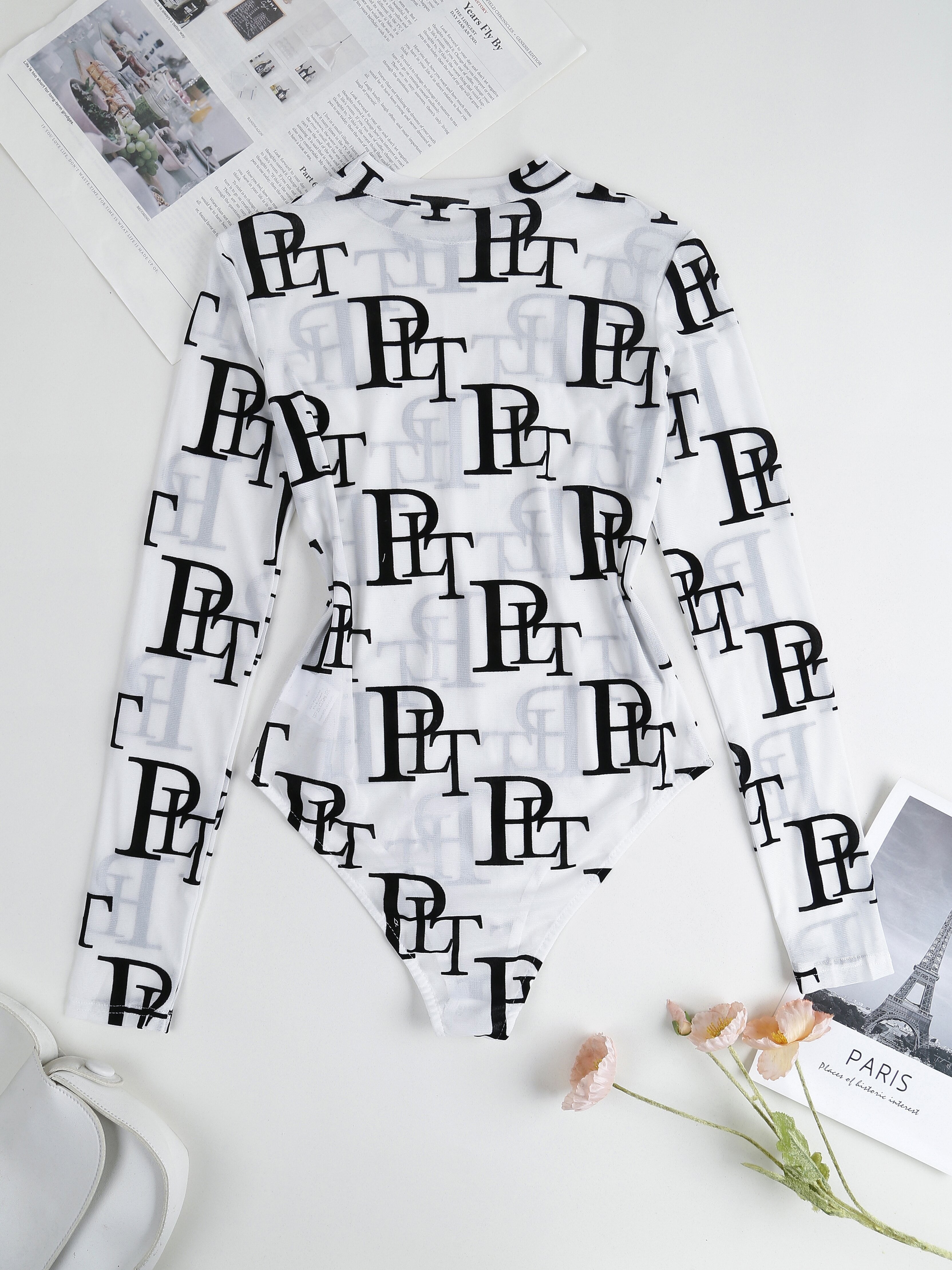 Letter Print Crew Neck Bodysuit, YOUNG Long Sleeve Mesh One Piece Bodysuit, Women's Clothing